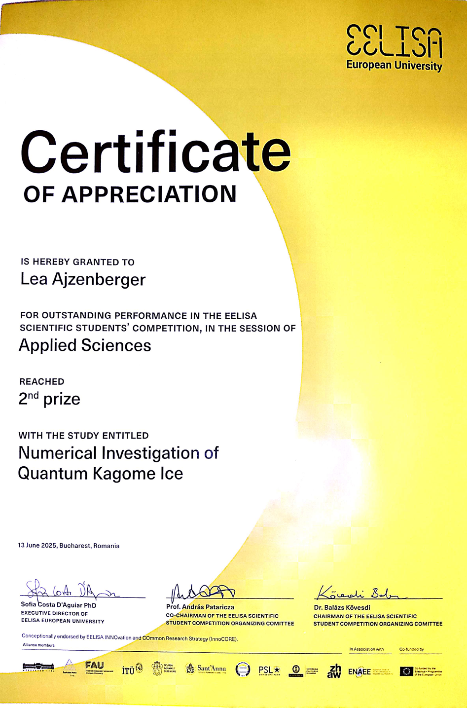 Lea Ajzenberger 2nd prize at the Eelisa Scientific Students' Competition