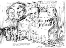 Az első nukleáris láncreakciónál használt moderátor-grafittal készült szénrajz (balról jobbra: Szilárd Leó, Arthur Compton, Enrico Fermi és Wigner Jenő)