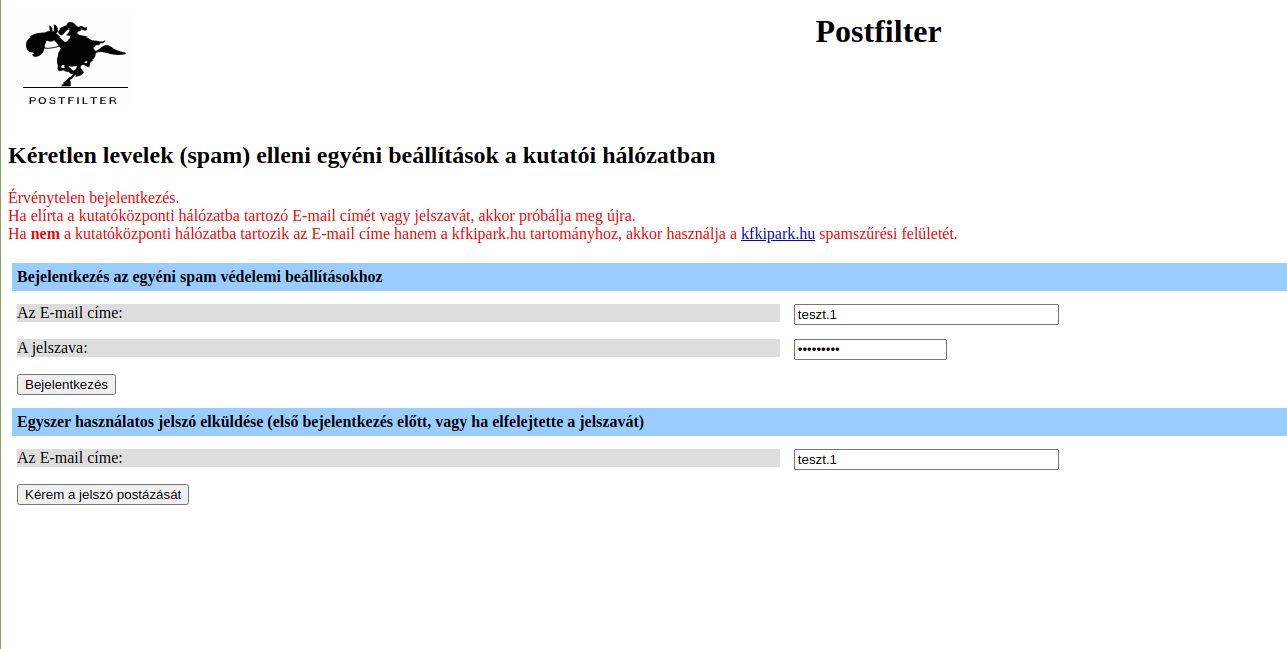 Sikertelen bejelentkezés Postfilterbe