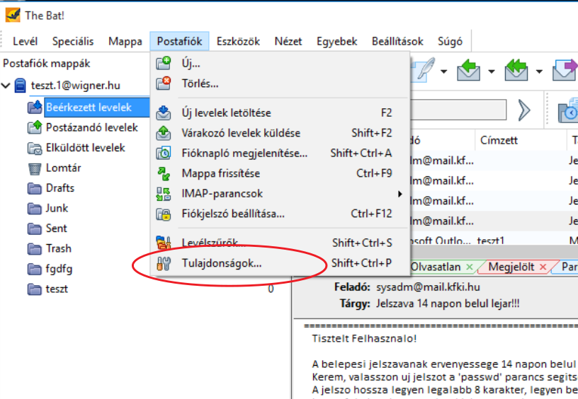 Postafiók Tulajdonságok